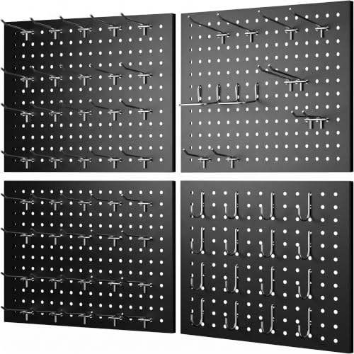 Peg Board Tool Organizer Set - 4 Panels 16x12 Inches with 70 Hooks - Black