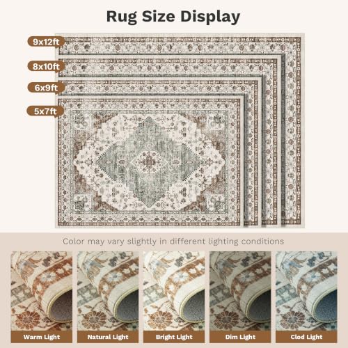 Washable Area Rug for Living Room - 8x10 Large Boho Floral Carpet, Green/Brown