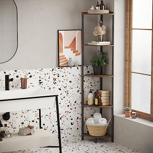 SUNMORY Rustic Brown 5-Tier Corner Shelf - Tall Corner Bookcase for Living Room