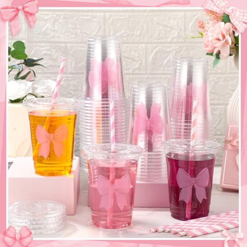 Sliner 16oz Pink Bow Plastic Cups with Straw - Pack of 25, Coquette Style