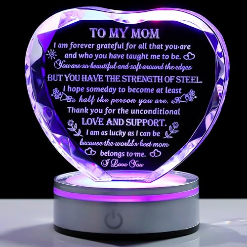 Movdyka Heart-Shaped Crystal Keepsake with LED Base - Mom Gift for Mother's Day