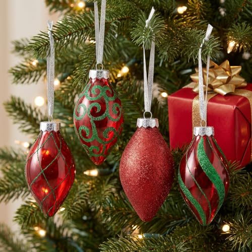 Sleetly 12-Pack Teardrop Christmas Ornaments 4in Red & Green Finials – Gold Lattice/Scroll/Swirl/Glitter
