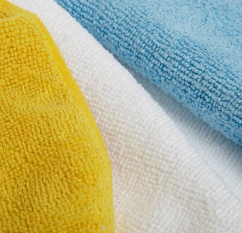 Car Microfiber Cleaning Cloths - 16x12 Inch Reusable Detailing Towels - Blue/White/Yellow, 144-Pack