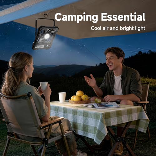 Rechargeable Battery Fan with LED Light - 20000mAh Portable Camping Fan Black