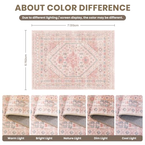Pink Area Rug 5x7 for Bedroom & Living Room - Non-Slip Geometric Design - Pink/Blue Variation