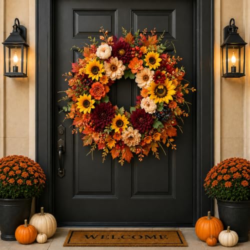 24 Inch Autumn Sunflower Fall Wreath for Front Door & Porch Decor