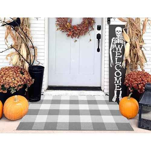 Door Mats Outdoor 24''X35'' Buffalo Plaid Front Porch Rug Cotton Woven Washable Fall Outdoor Rug Small Area Rug for Welcome Door Mat Entryway Dining Room Bedroom Living Room