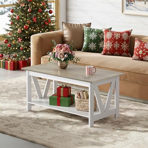WLIVE 39.4-Inch Farmhouse Coffee Table with Storage Shelf - White, Variation of White / 39.4"