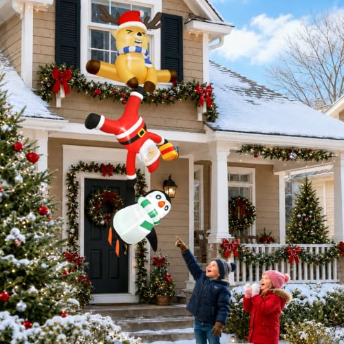 Joeyan 8ft Hanging Christmas Inflatable Santa with Reindeer & Penguin - Built-in LEDs, Roof, Balcony Decor (Variation: Santa & Reindeer Penguin)