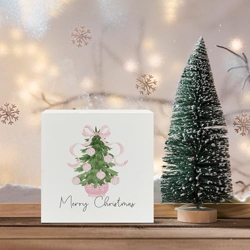 JWVK Pink Ribbon Chinoiserie 5x5 Wooden Box Sign - Grandmillennial Christmas Decor, Color-4