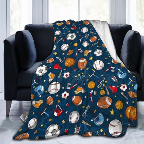 Yomko Sport Theme Throw Blanket - Baseball, Football & Basketball Design 80x60 Inch Gift for Men Women Kids