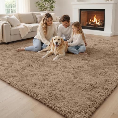 Beige 8x10 Shaggy Plush Area Rug - Large Furry Carpet for Living Room