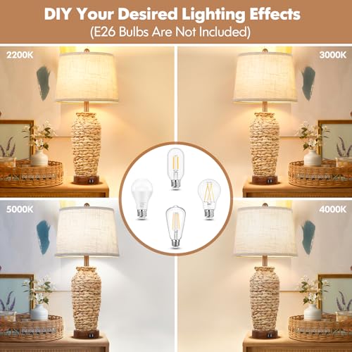 Natural Vase Set of 2 Rattan Table Lamps with USB Charging Ports - Farmhouse Rustic Woven Seagrass Bedside Lamps for Living Room & Bedroom - Cream Shade
