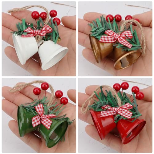 4 Pcs Christmas Tree Bells Ornaments - Red, Gold, White, Green Jingle Bells for Holiday Decor