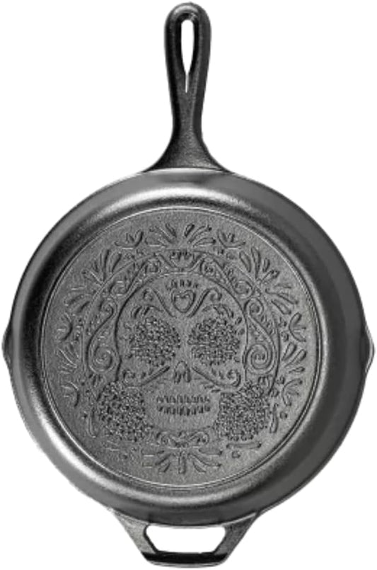 Lodge 10.25 Inch Pre-Seasoned Cast Iron Skillet - Versatile Use on Stove, Grill, or Campfire - Sugar Skull Design