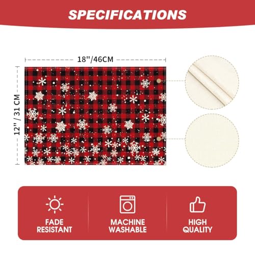 Artoid Mode Red and Black Buffalo Plaid Snowflake Christmas Placemats Set of 12, 12x18 Inch Winter Table Mats for Holiday Dining