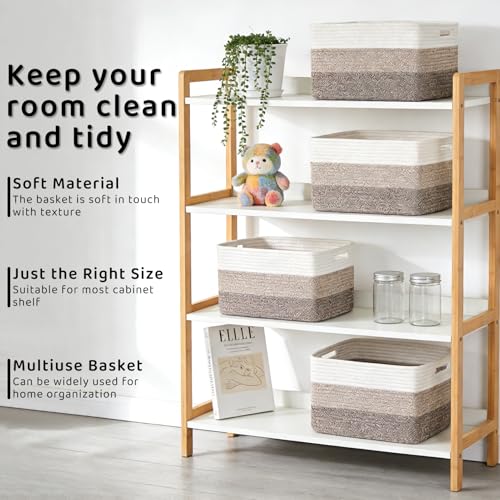KIUGCO White & Khaki 4 Pack Cotton Rope Storage Baskets, 13x11x8 Inches