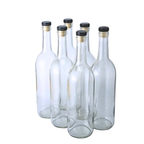 FastRack 750 ml Clear Wine Bottles with 6 Cognac Corks w/Plastic Tops (Pack of 6) Bordeaux Bottles/Flint Flat-Bottomed Cork Top | Ideal for Wine Making and Storage