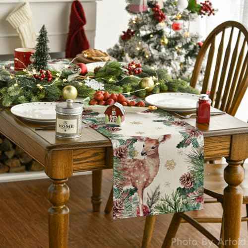 Artoid Mode Reindeer Pine Cone Leaves Christmas Table Runner, Seasonal Winter Floral Kitchen Dining Table Decor for Home Party 13x72 Inch