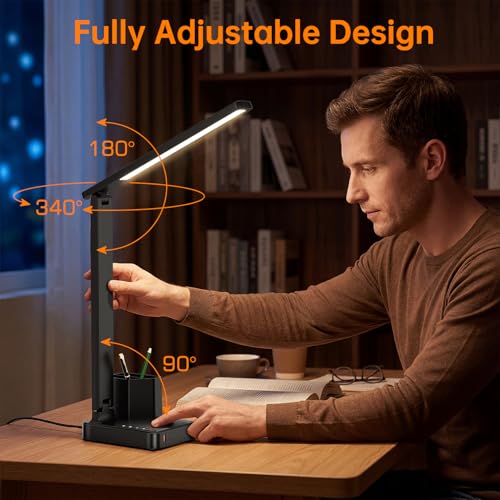 COZOO LED Desk Lamp with USB & AC Outlet, Pen Holder - Black