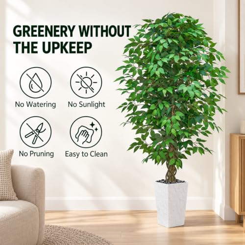 6FT Artificial Ficus Tree with White Planter - Realistic Faux Indoor Plant - Green Leaf Variation