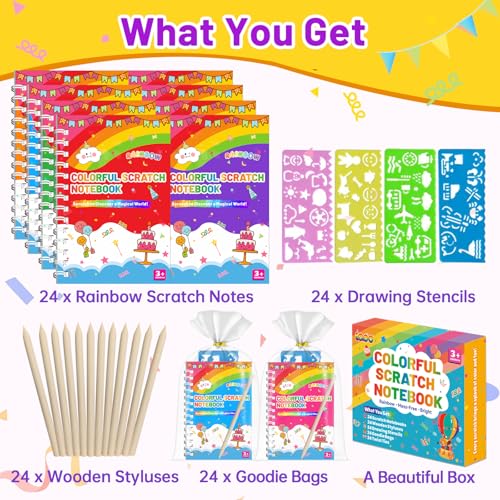 24 Pack Rainbow Scratch Art Notebooks for Kids - Creative Party Favors & Classroom Rewards