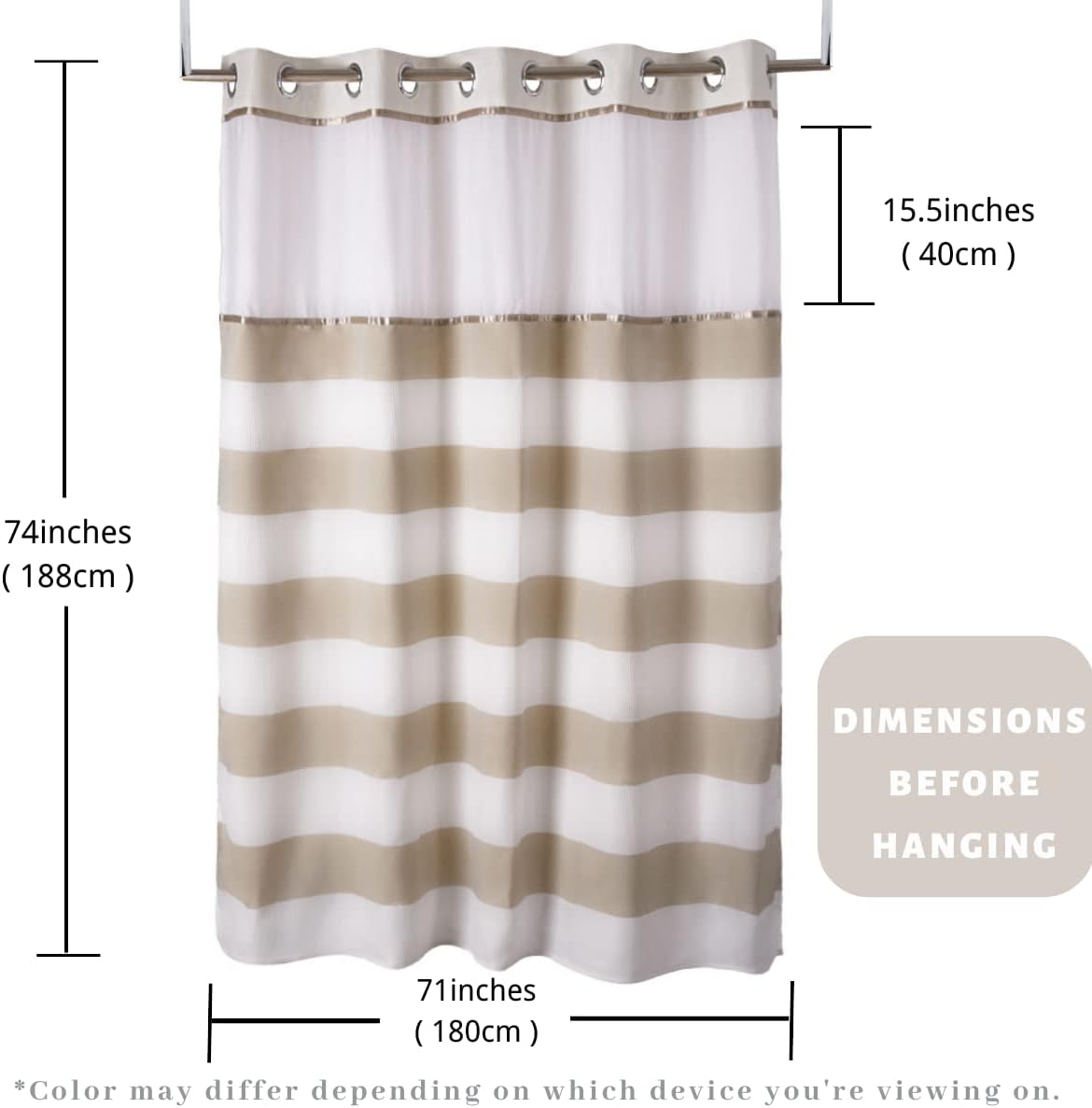 Skiennix Hook-Free Shower Curtain - 71"W x 74"H Light Beige & White Stripe with Mesh Window