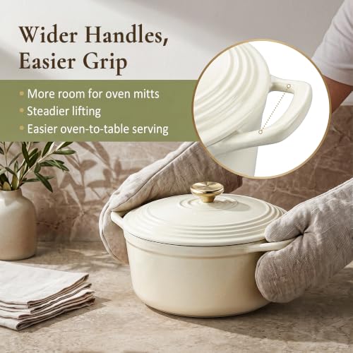 Overmont 5.5QT White Enameled Cast Iron Dutch Oven with Lid & Potholders