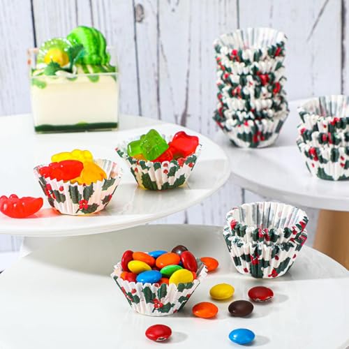 Funtery 600 Pcs Christmas Holly Cupcake Liners Mini Muffin Baking Cups