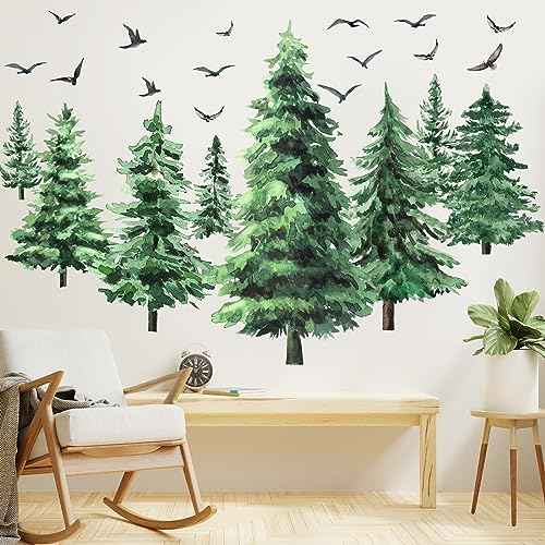 Qilery Watercolor Pine Tree Wall Decals Large Peel and Stick Forest Wall Decal Woodland Branch Birds Sticker Christmas Tree Stickers for Nursery Bedroom Living Room(Classic Style)