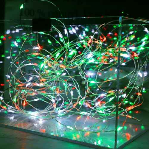 Christmas String Lights Red Green White Copper Wire, 2 Pack Total 200LED Fairy Lights Waterproof Twinkle Lights for Xmas, Bedroom, Garden, Patio, Outdoor Decor- Red White Green
