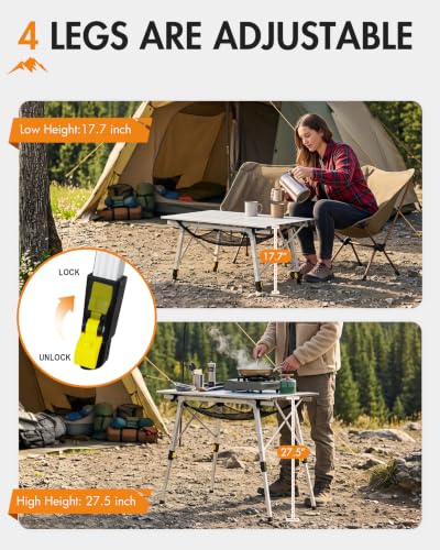 Outdoor Folding Picnic Camping Table - Silver, Large 35.4"L x 20.9"W, Adjustable Height, Roll Up Top & Mesh Layer