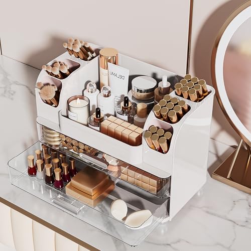 Delamu White Makeup Organizer Countertop with 6 Brush Holders — Large Vanity Storage