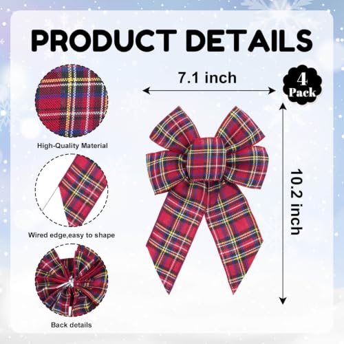 Kutyndrix Red Tartan Plaid Christmas Bows for Wreaths - 4 Pack, 10.2 x 7.1 in, Double-Sided Wired Rustic Burlap Look