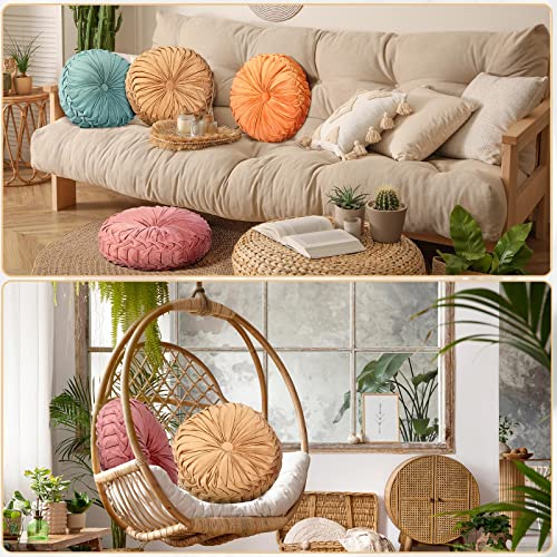 Kathfly Velvet Pleated Round Throw Pillows - Pumpkin Style, 4 Colors, 14x14 Inches - Orange, Yellow, Pink, Green