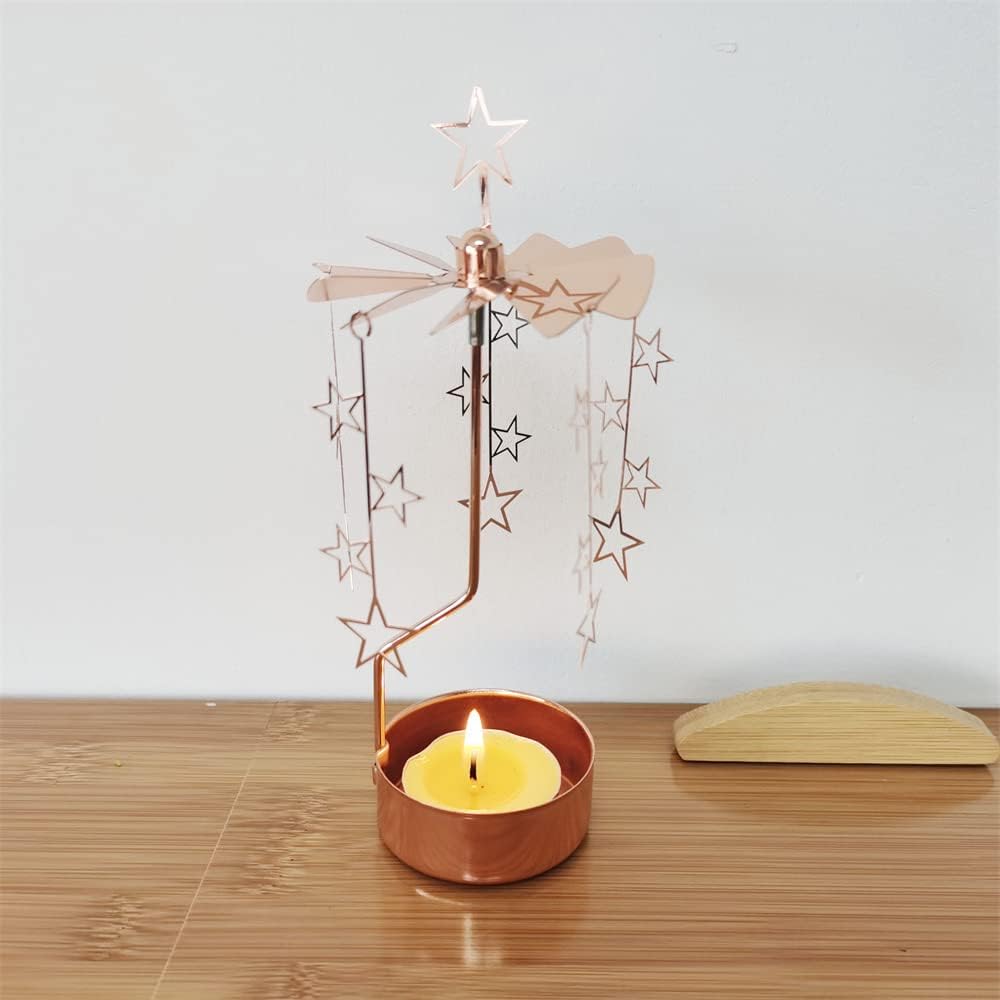 Kingnero Rotary Candle Holder - Spinning Tea Light Carousel in Rose Gold Star | Perfect Small Gift