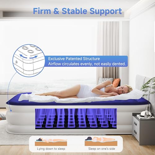 Blue Queen Air Mattress with Built-In Pump, Self-Inflating, Durable, Portable Camping Bed