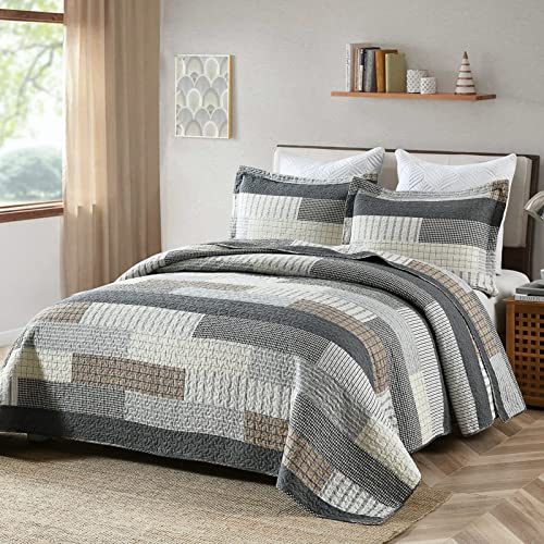 Queen Size Cotton Quilt Set with Striped Shams - Dark Grey, 3-Piece Bedding