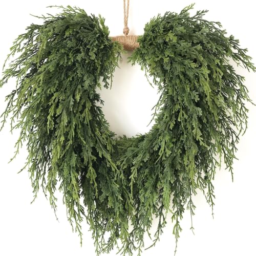 Heart-Shaped Artificial Cedar Wreath for Christmas Front Door Decor - 22 Inch