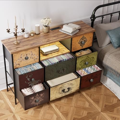 VASICAR Wide TV Stand for 55-Inch TV with LED Lights & Pattern, Dresser with Power Outlets