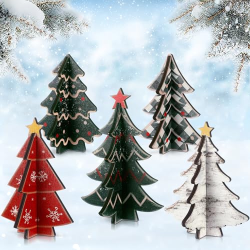 Bucherry Retro Green 3D Wooden Christmas Trees - Set of 5 Tabletop Holiday Decor