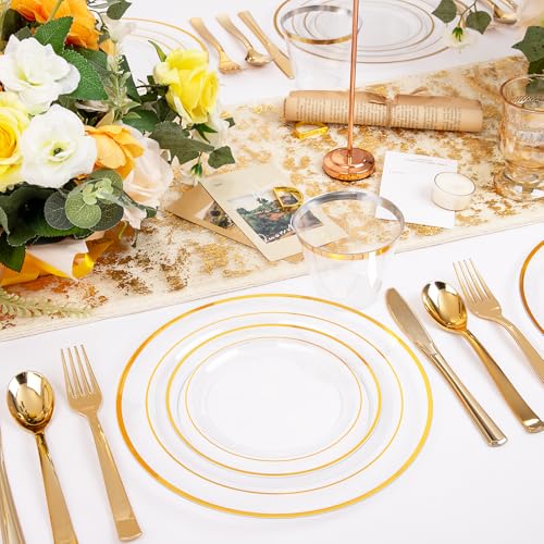 WELLIFE 300Pcs Clear Gold Disposable Dinnerware Set - Heavy Duty Plates, Cups & Cutlery - Variation: Clear Gold / 300