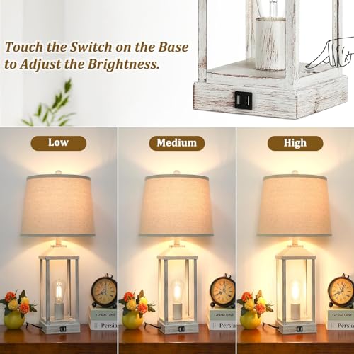 Set of 2 Farmhouse Table Lamps with USB Ports, Dimmable Nightstand Lamps for Bedroom & Living Room
