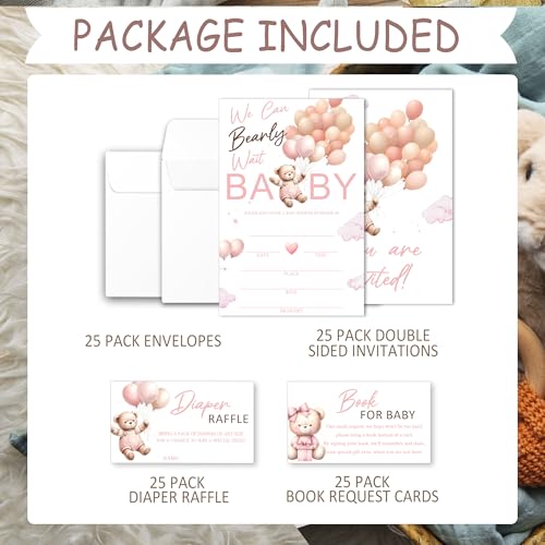 Pink We Can Bearly Wait Baby Shower Invitations Set of 25 with Diaper Raffle Tickets & Envelopes
