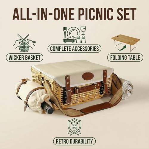 Nature2 Multifunctional Wicker Picnic Basket Set for 2 Adults with Blanket & Foldable Table - Outdoor Dining Kit