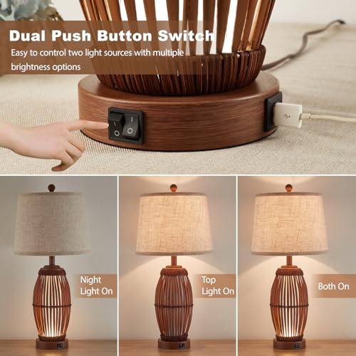 27-Inch Vintage Bamboo Woven Table Lamps Set of 2 with USB & Nightlight