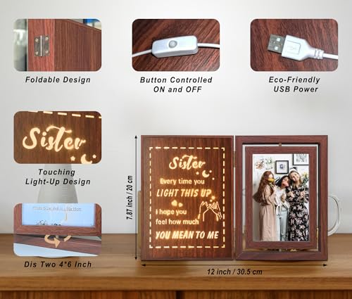 Soruney Sister 4x6 Rotating Lighted Picture Frame - USB Powered Wood Gift for BFF