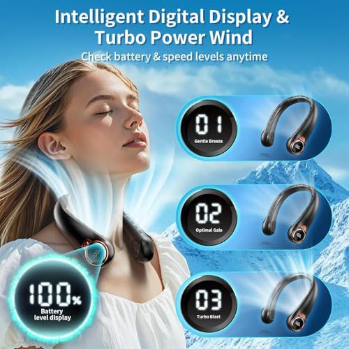 Portable Neck Fan with 6000mAh USB Rechargeable Battery - Black, Medium, 360° Bladeless Cooling, 3 Speeds, LED Display, Lightweight Wearable Fan