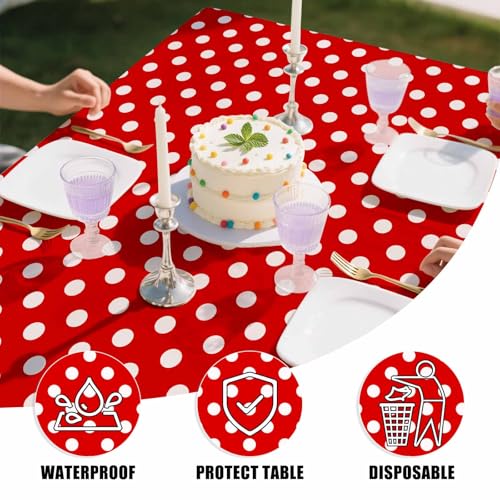 2 Pack Red Polka Dot Tablecloth 54 x 108 Inches - Disposable Plastic Party Cover, Red & White