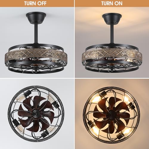 SHIHOT 18-Inch Retro Black Industrial Cage Ceiling Fan with Lights & Remote - Reversible, Quiet Operation